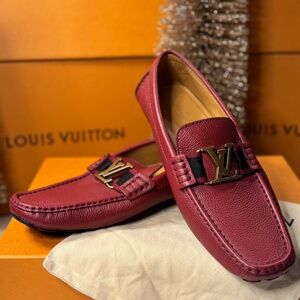 Louis Vuitton Red Leather Driving Loafers w/ LV Buckle